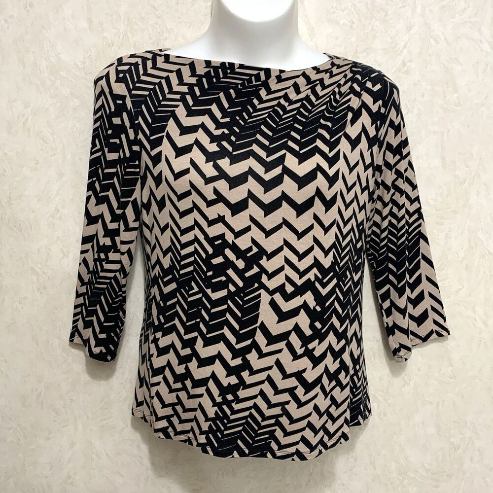 Dana Buchman Top Womens Size L Beige Black Geometric Knit Stretch 3/4 Sleeve